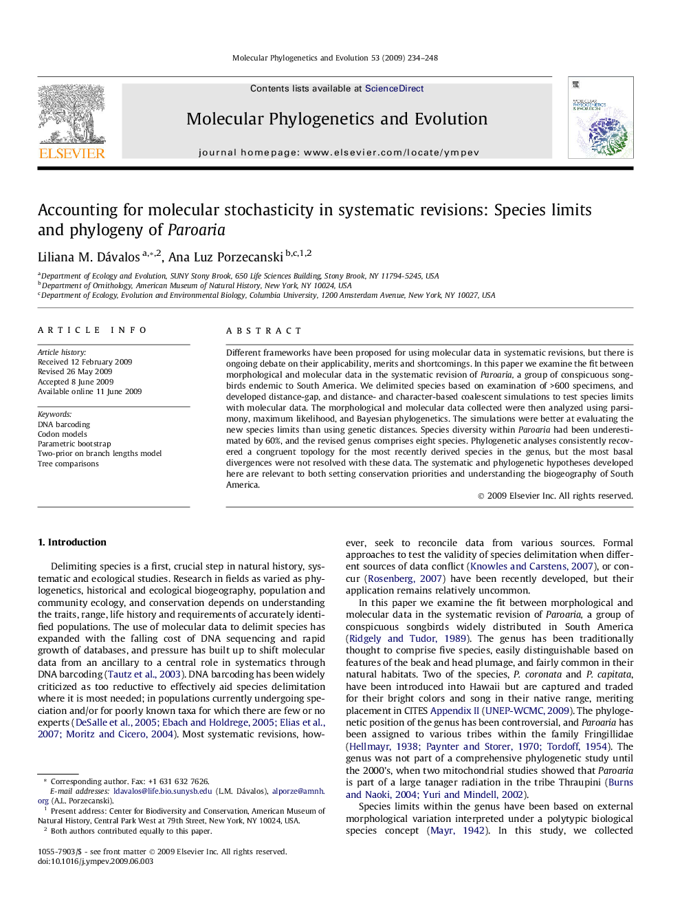 Accounting for molecular stochasticity in systematic revisions: Species limits and phylogeny of Paroaria