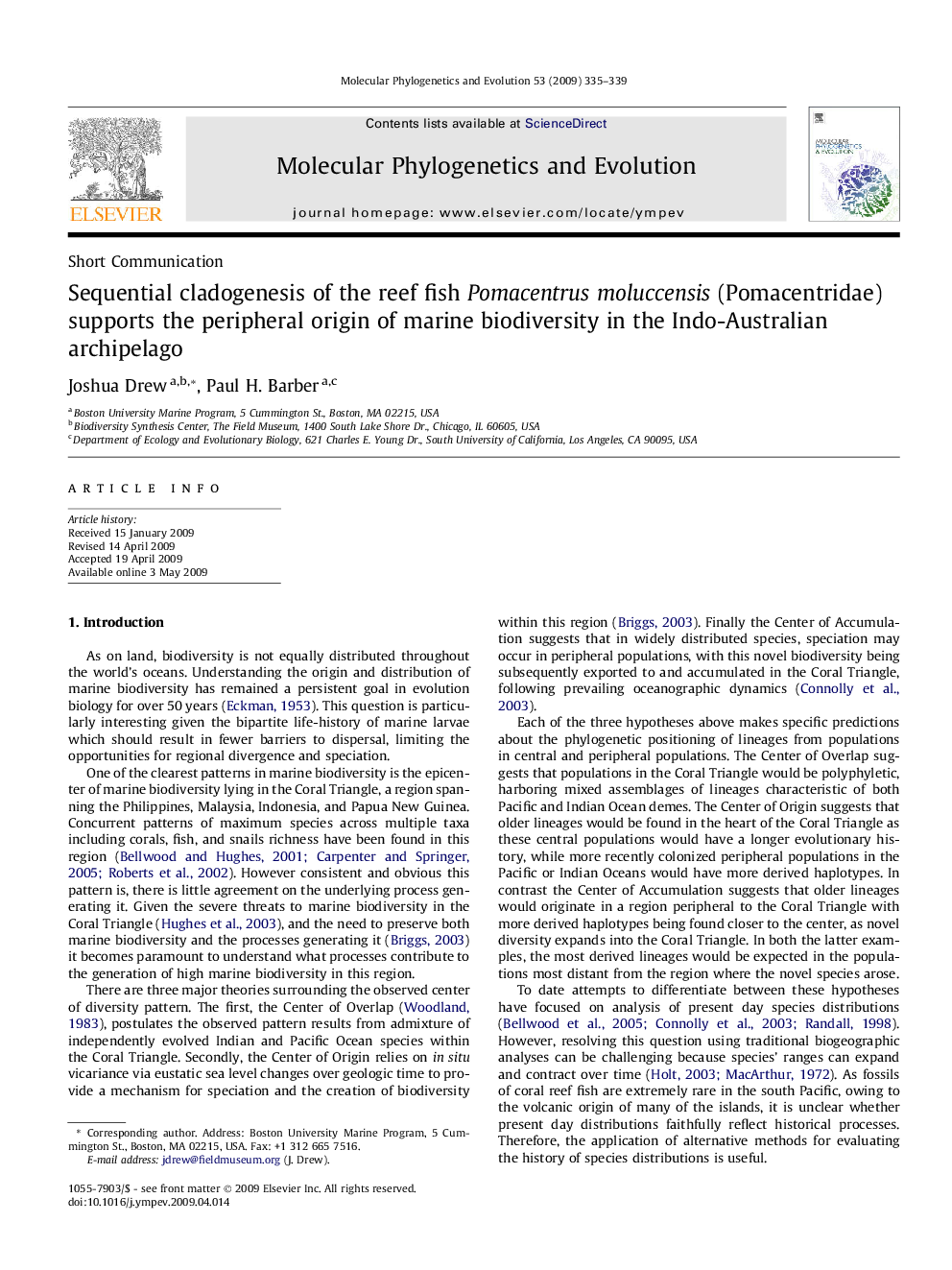 Sequential cladogenesis of the reef fish Pomacentrus moluccensis (Pomacentridae) supports the peripheral origin of marine biodiversity in the Indo-Australian archipelago