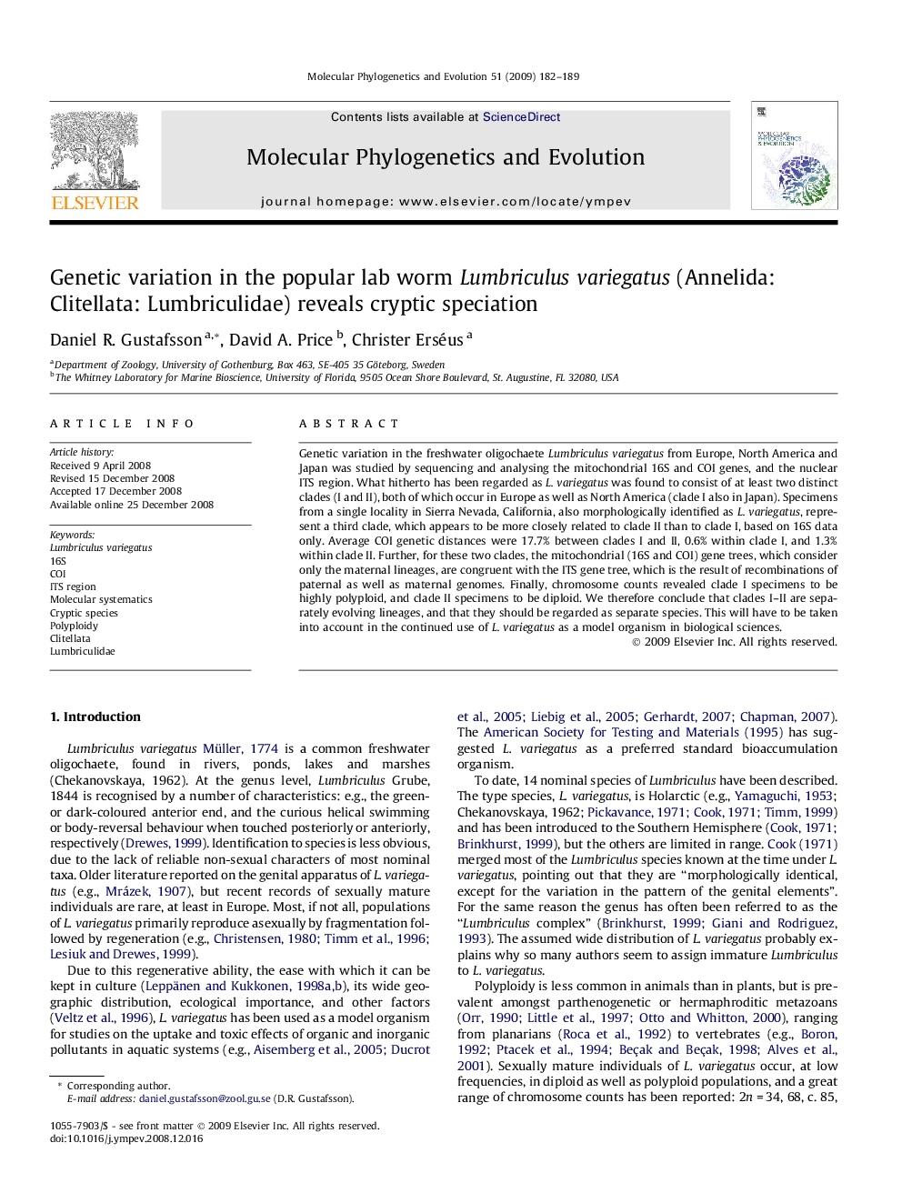 Genetic variation in the popular lab worm Lumbriculus variegatus (Annelida: Clitellata: Lumbriculidae) reveals cryptic speciation