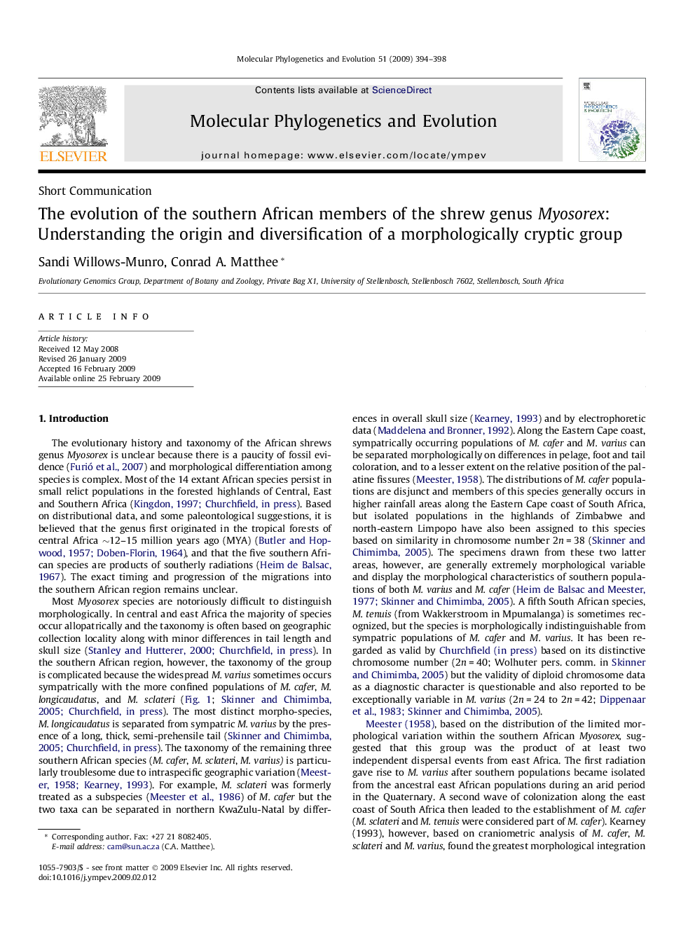 The evolution of the southern African members of the shrew genus Myosorex: Understanding the origin and diversification of a morphologically cryptic group