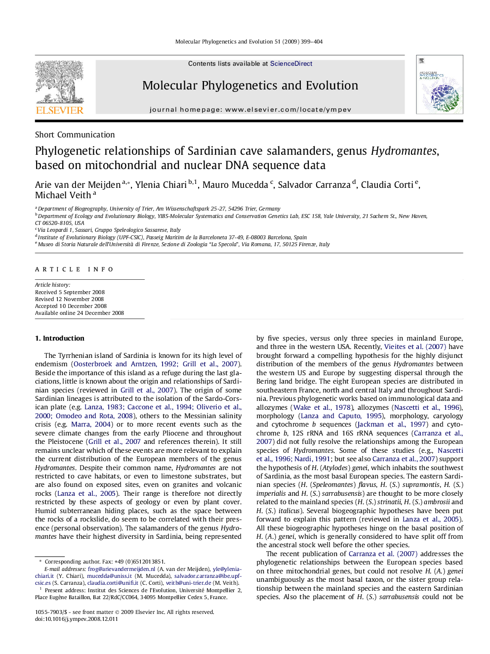 Phylogenetic relationships of Sardinian cave salamanders, genus Hydromantes, based on mitochondrial and nuclear DNA sequence data