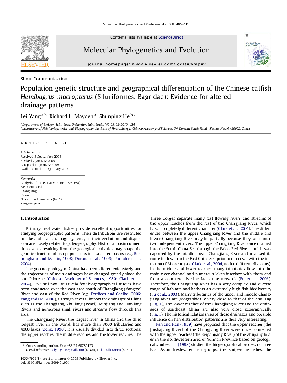 Population genetic structure and geographical differentiation of the Chinese catfish Hemibagrus macropterus (Siluriformes, Bagridae): Evidence for altered drainage patterns