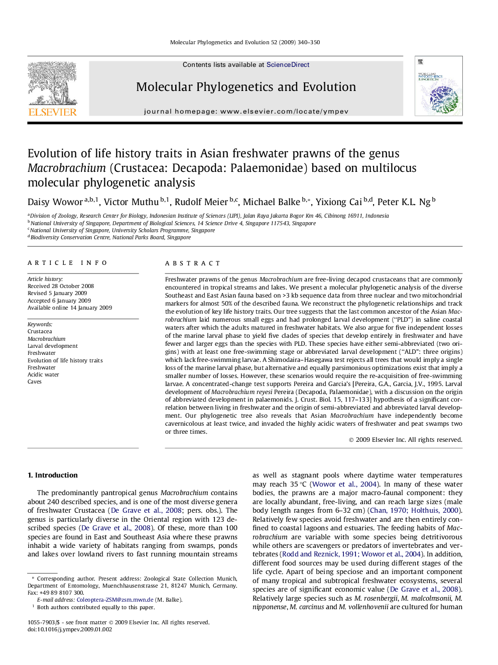 Evolution of life history traits in Asian freshwater prawns of the genus Macrobrachium (Crustacea: Decapoda: Palaemonidae) based on multilocus molecular phylogenetic analysis