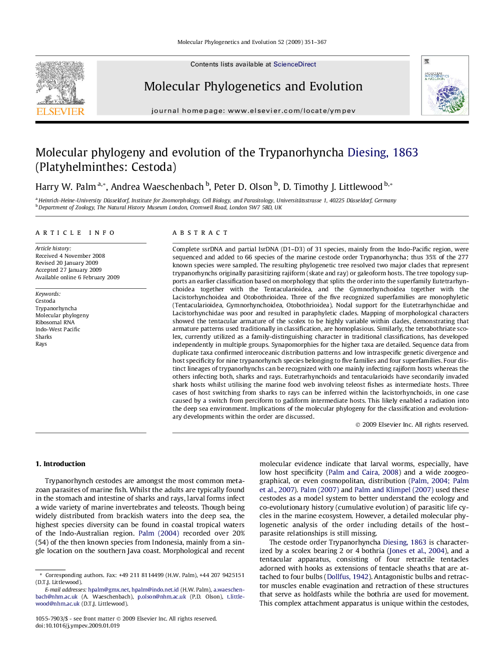 Molecular phylogeny and evolution of the Trypanorhyncha Diesing, 1863 (Platyhelminthes: Cestoda)