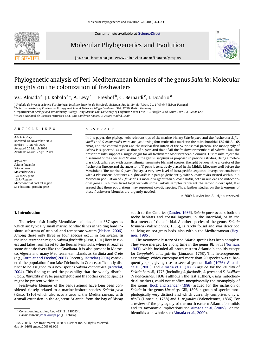 Phylogenetic analysis of Peri-Mediterranean blennies of the genus Salaria: Molecular insights on the colonization of freshwaters