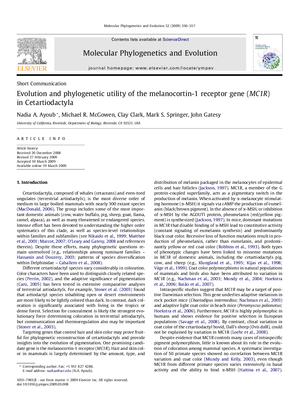 Evolution and phylogenetic utility of the melanocortin-1 receptor gene (MC1R) in Cetartiodactyla