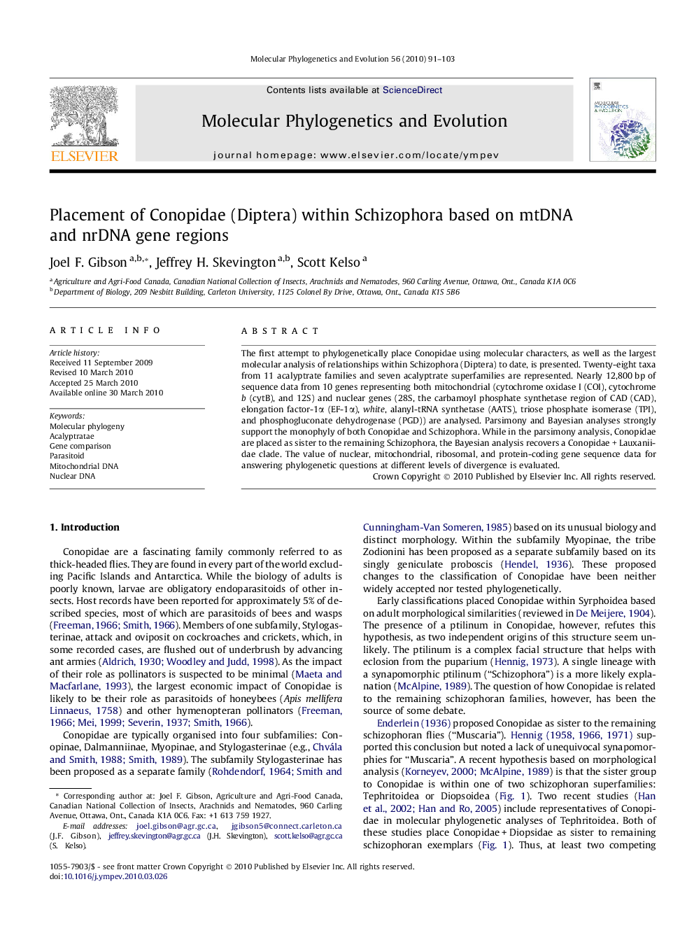 Placement of Conopidae (Diptera) within Schizophora based on mtDNA and nrDNA gene regions