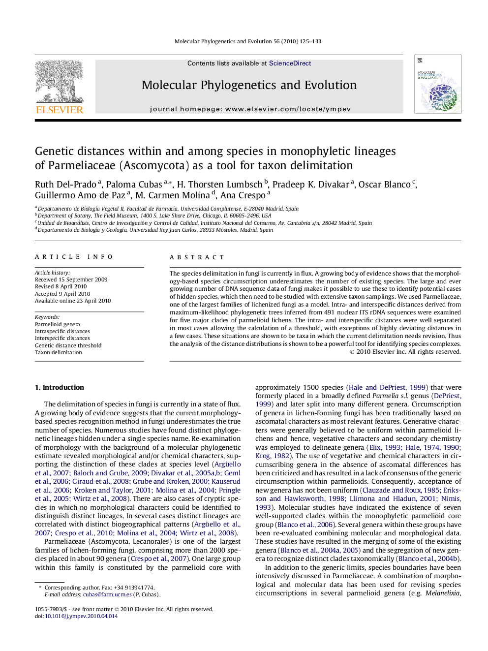 Genetic distances within and among species in monophyletic lineages of Parmeliaceae (Ascomycota) as a tool for taxon delimitation