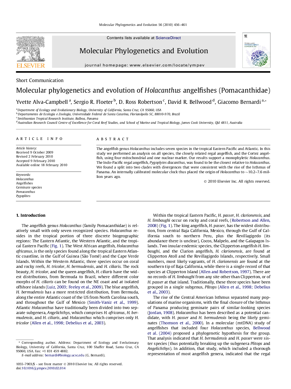Molecular phylogenetics and evolution of Holacanthus angelfishes (Pomacanthidae)