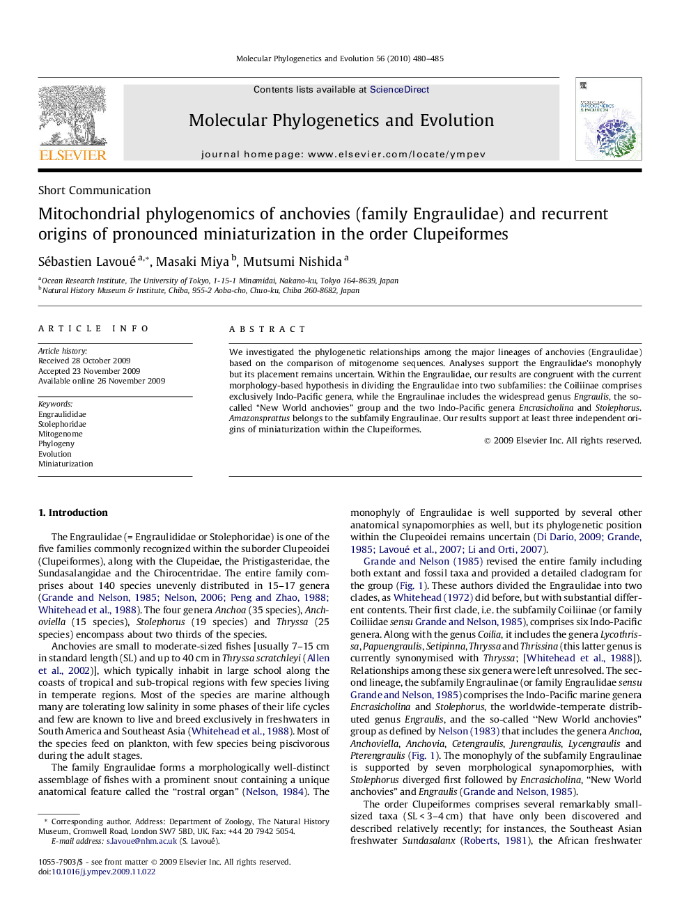 Mitochondrial phylogenomics of anchovies (family Engraulidae) and recurrent origins of pronounced miniaturization in the order Clupeiformes
