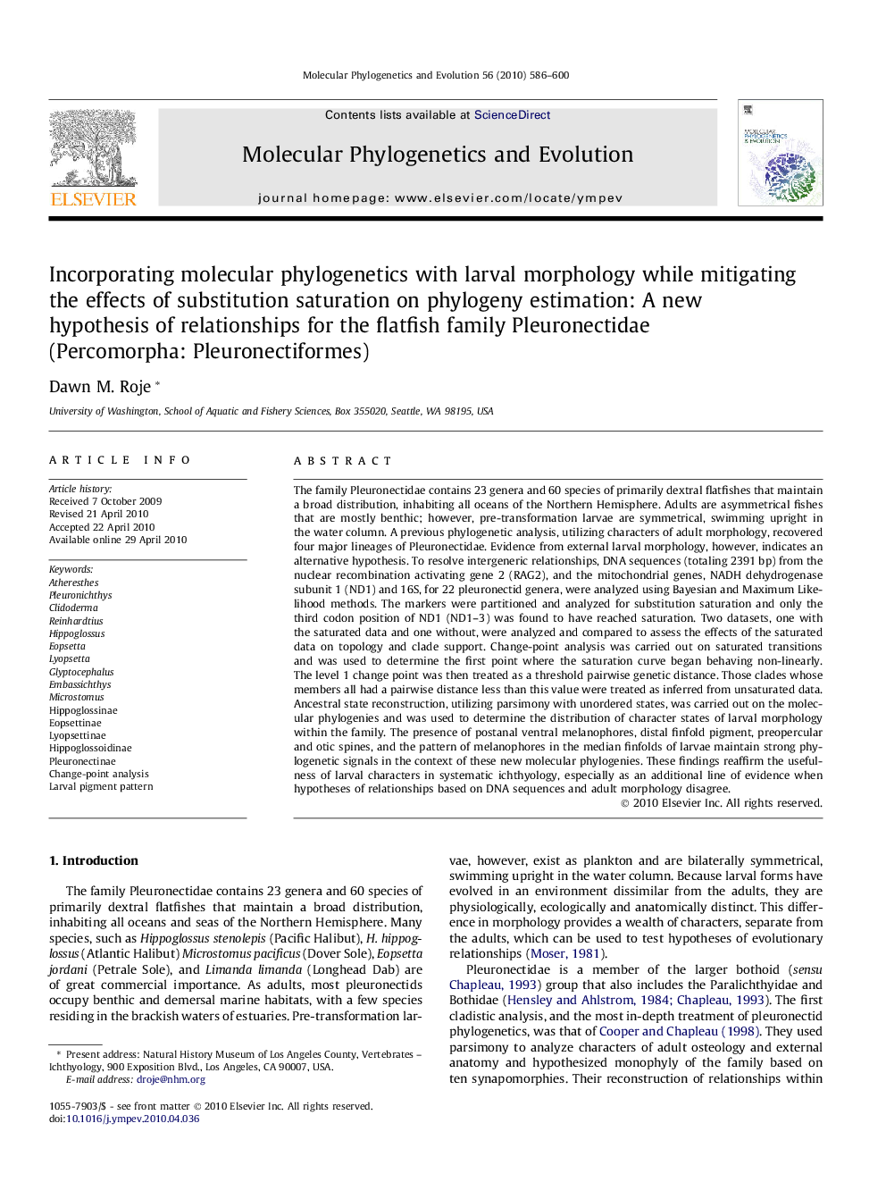 Incorporating molecular phylogenetics with larval morphology while mitigating the effects of substitution saturation on phylogeny estimation: A new hypothesis of relationships for the flatfish family Pleuronectidae (Percomorpha: Pleuronectiformes)