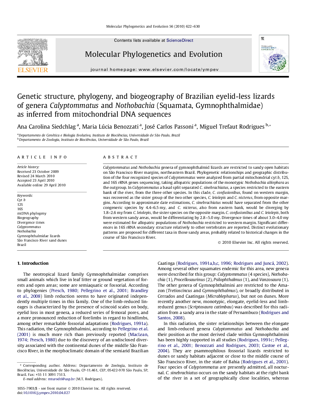 Genetic structure, phylogeny, and biogeography of Brazilian eyelid-less lizards of genera Calyptommatus and Nothobachia (Squamata, Gymnophthalmidae) as inferred from mitochondrial DNA sequences