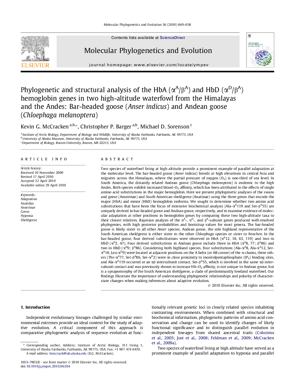 Phylogenetic and structural analysis of the HbA (αA/βA) and HbD (αD/βA) hemoglobin genes in two high-altitude waterfowl from the Himalayas and the Andes: Bar-headed goose (Anser indicus) and Andean goose (Chloephaga melanoptera)