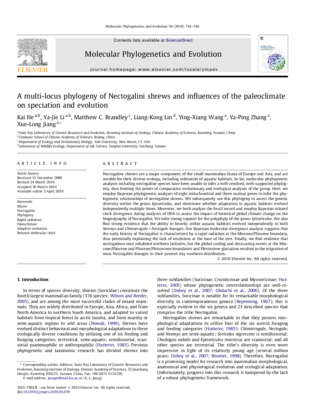 A multi-locus phylogeny of Nectogalini shrews and influences of the paleoclimate on speciation and evolution