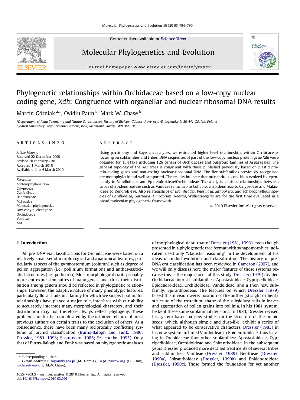 Phylogenetic relationships within Orchidaceae based on a low-copy nuclear coding gene, Xdh: Congruence with organellar and nuclear ribosomal DNA results