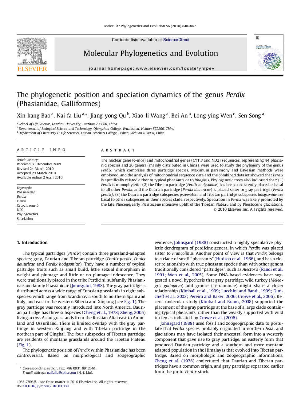 The phylogenetic position and speciation dynamics of the genus Perdix (Phasianidae, Galliformes)