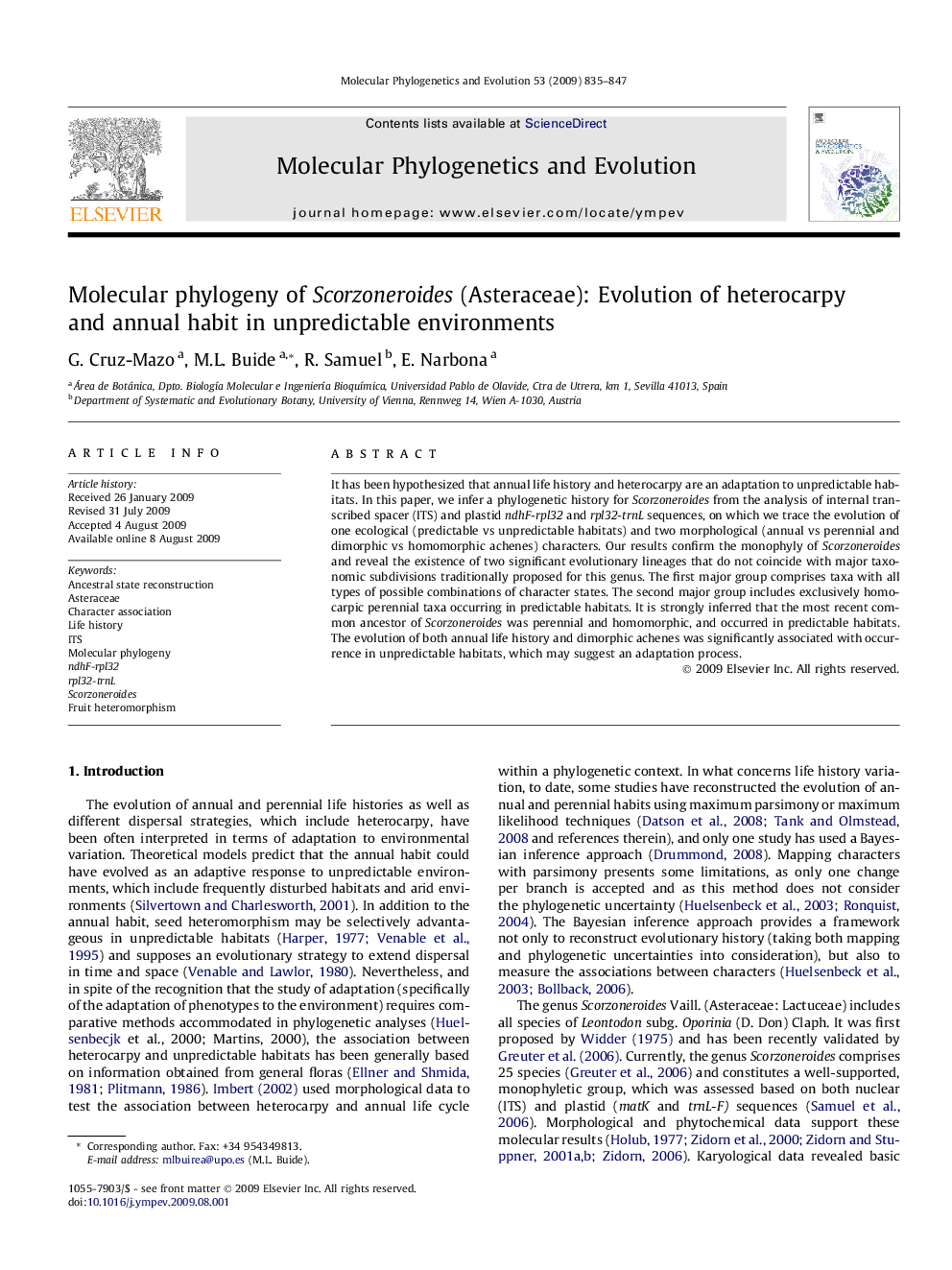 Molecular phylogeny of Scorzoneroides (Asteraceae): Evolution of heterocarpy and annual habit in unpredictable environments