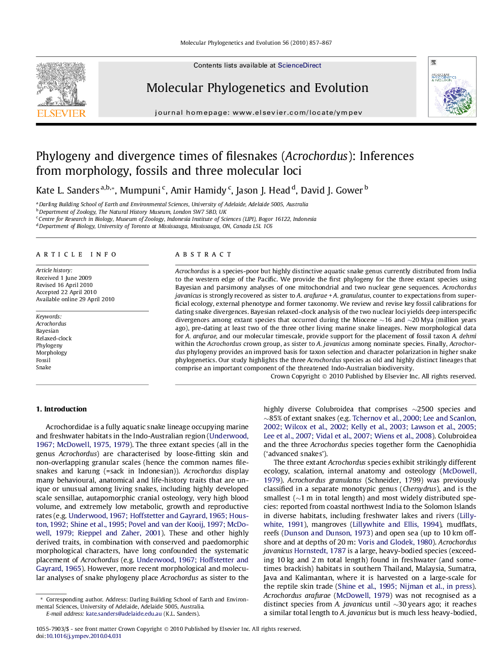 Phylogeny and divergence times of filesnakes (Acrochordus): Inferences from morphology, fossils and three molecular loci