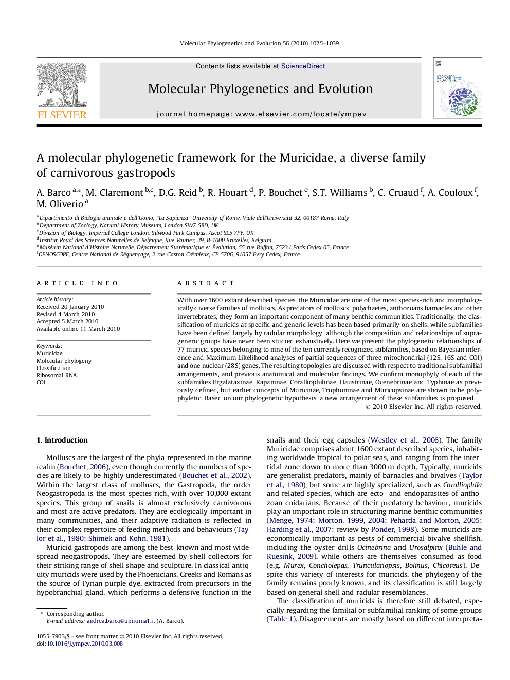 A molecular phylogenetic framework for the Muricidae, a diverse family of carnivorous gastropods