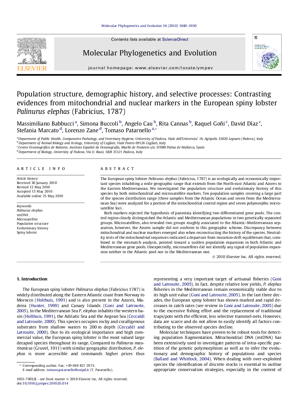 Population structure, demographic history, and selective processes: Contrasting evidences from mitochondrial and nuclear markers in the European spiny lobster Palinurus elephas (Fabricius, 1787)