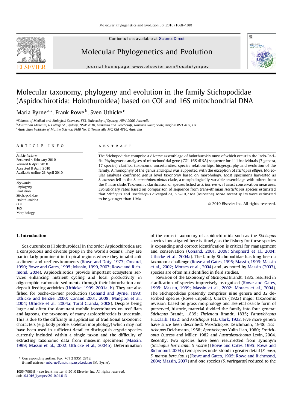 Molecular taxonomy, phylogeny and evolution in the family Stichopodidae (Aspidochirotida: Holothuroidea) based on COI and 16S mitochondrial DNA