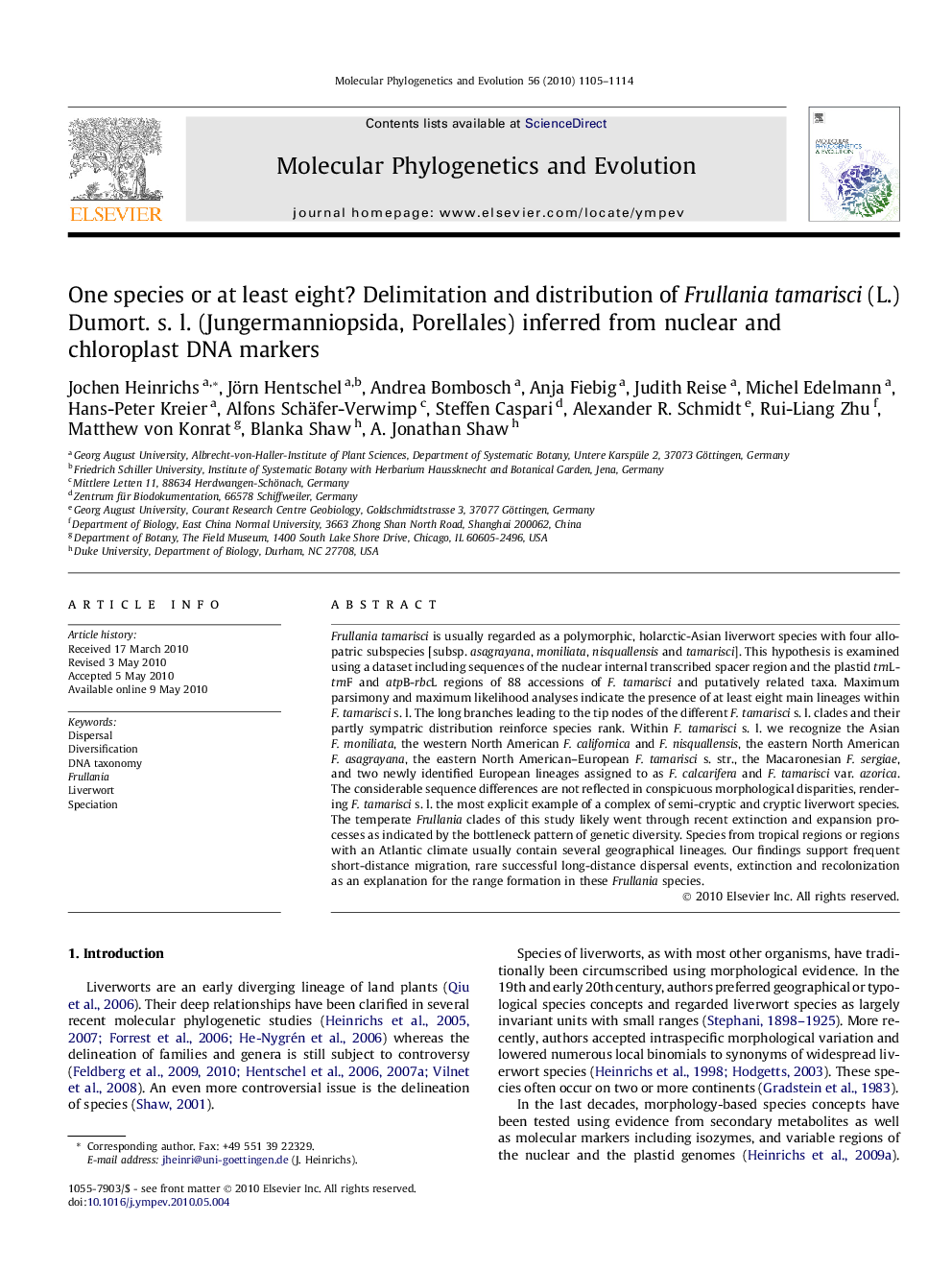 One species or at least eight? Delimitation and distribution of Frullania tamarisci (L.) Dumort. s. l. (Jungermanniopsida, Porellales) inferred from nuclear and chloroplast DNA markers