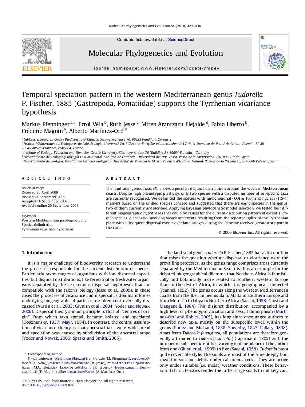 Temporal speciation pattern in the western Mediterranean genus Tudorella P. Fischer, 1885 (Gastropoda, Pomatiidae) supports the Tyrrhenian vicariance hypothesis