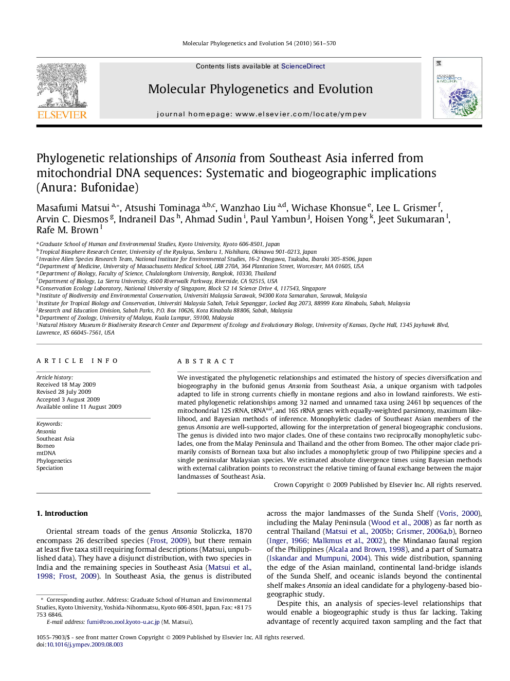 Phylogenetic relationships of Ansonia from Southeast Asia inferred from mitochondrial DNA sequences: Systematic and biogeographic implications (Anura: Bufonidae)