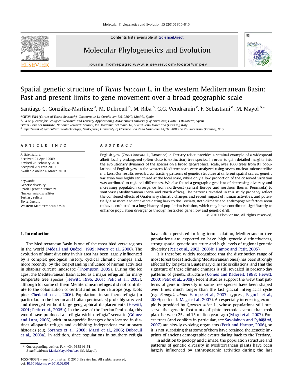 Spatial genetic structure of Taxus baccata L. in the western Mediterranean Basin: Past and present limits to gene movement over a broad geographic scale