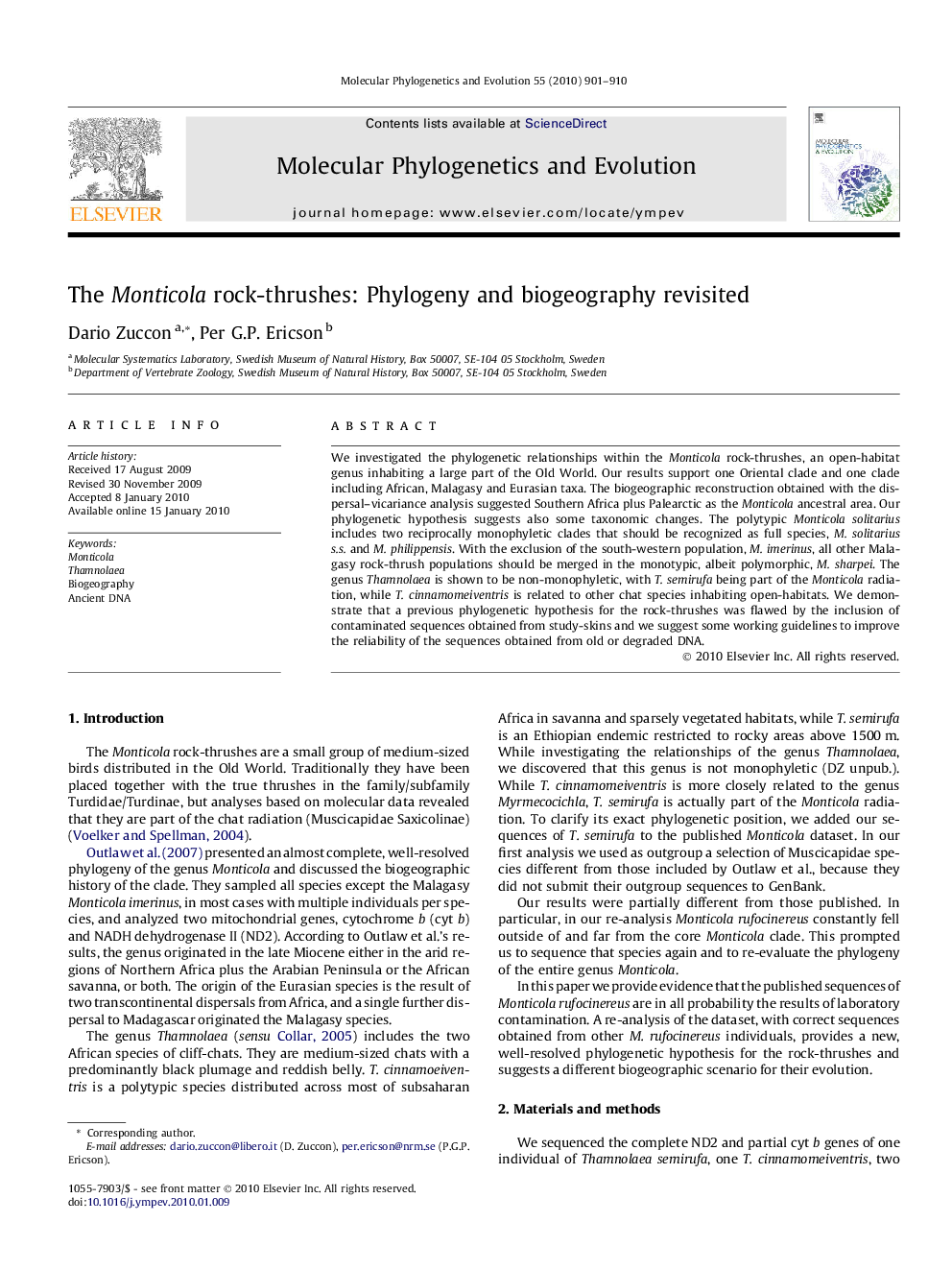 The Monticola rock-thrushes: Phylogeny and biogeography revisited