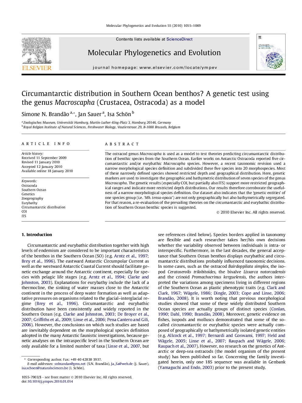 Circumantarctic distribution in Southern Ocean benthos? A genetic test using the genus Macroscapha (Crustacea, Ostracoda) as a model