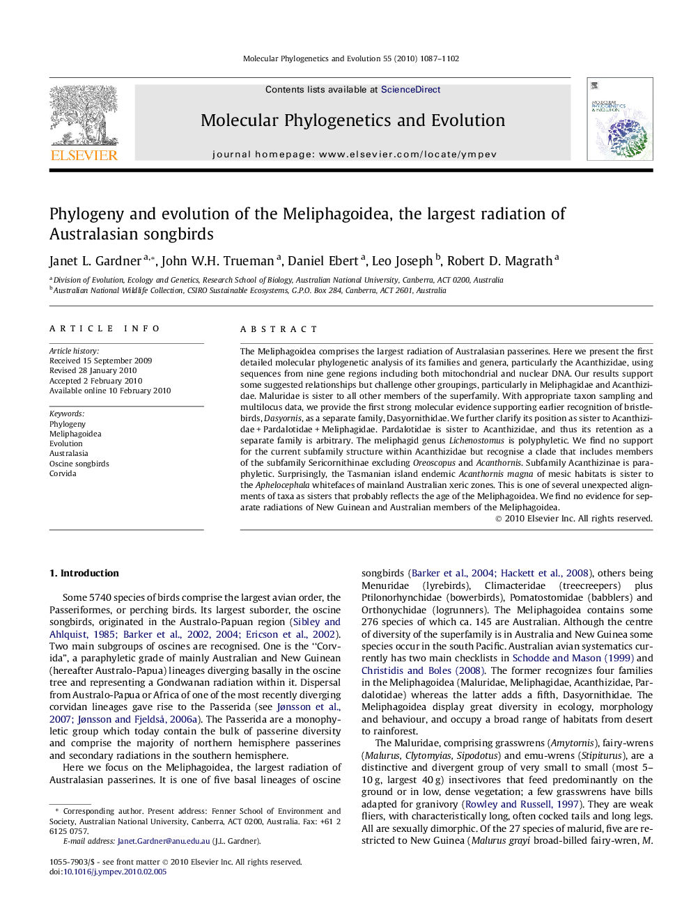 Phylogeny and evolution of the Meliphagoidea, the largest radiation of Australasian songbirds