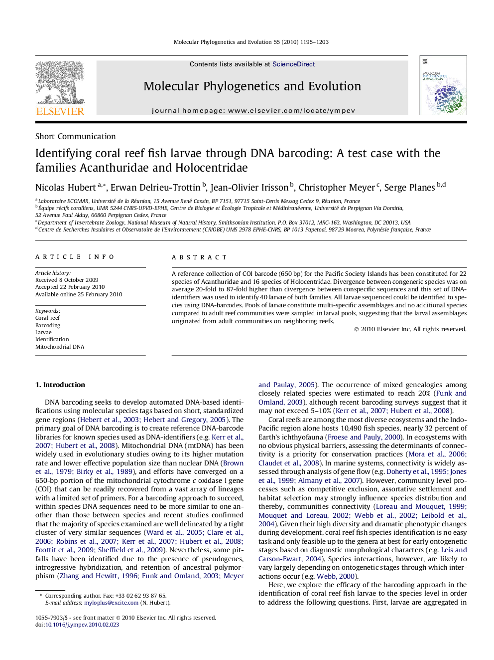 Identifying coral reef fish larvae through DNA barcoding: A test case with the families Acanthuridae and Holocentridae