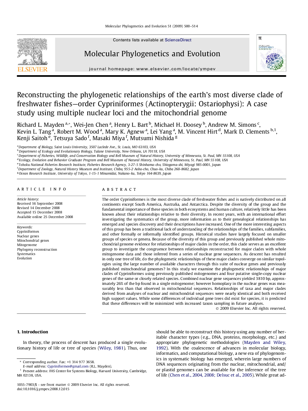 Reconstructing the phylogenetic relationships of the earth’s most diverse clade of freshwater fishes—order Cypriniformes (Actinopterygii: Ostariophysi): A case study using multiple nuclear loci and the mitochondrial genome