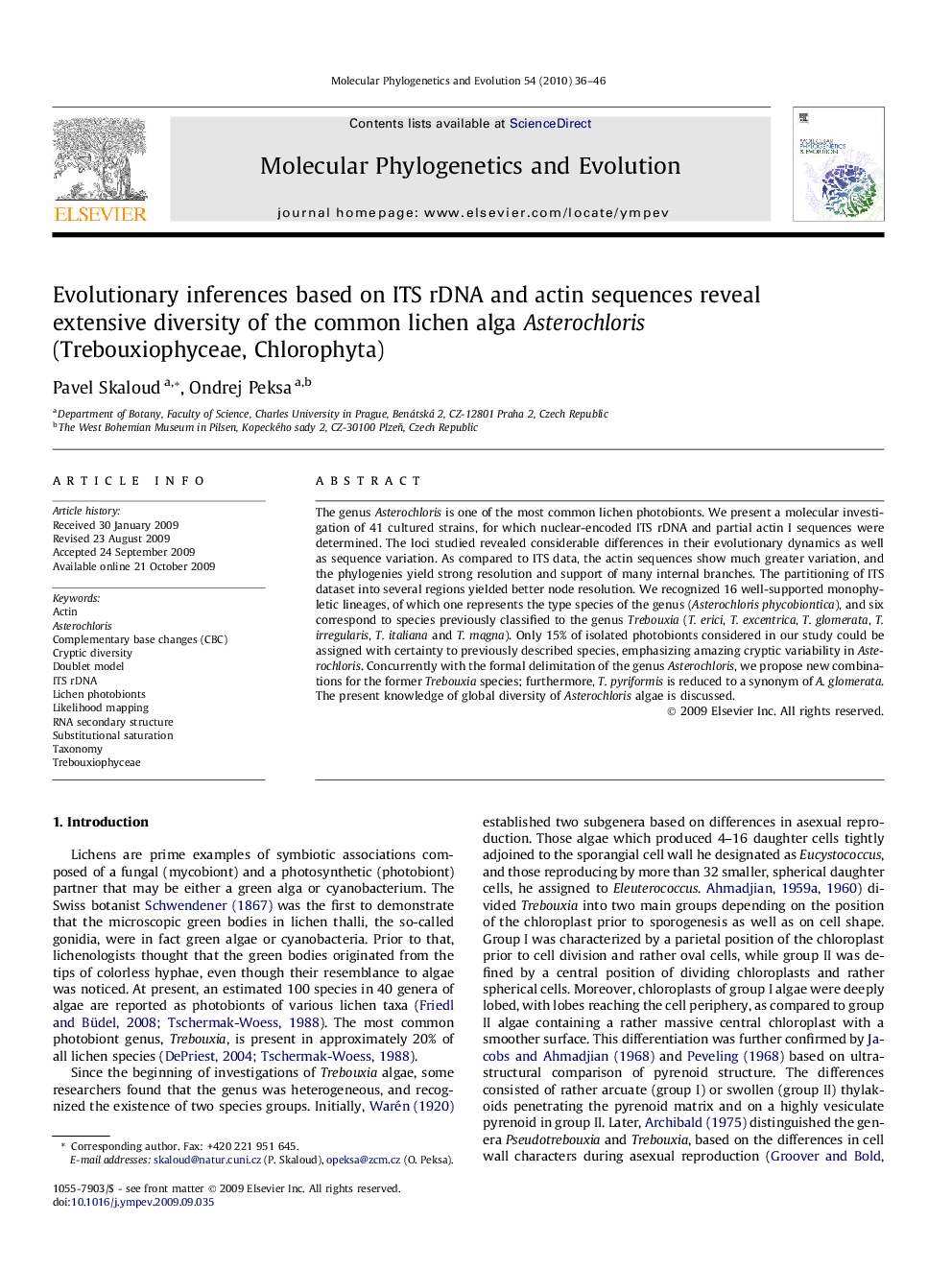 Evolutionary inferences based on ITS rDNA and actin sequences reveal extensive diversity of the common lichen alga Asterochloris (Trebouxiophyceae, Chlorophyta)