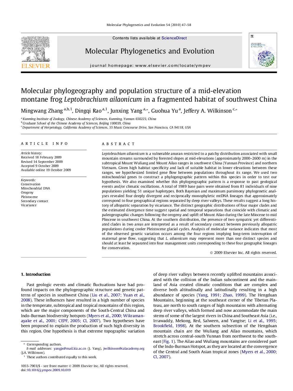 Molecular phylogeography and population structure of a mid-elevation montane frog Leptobrachium ailaonicum in a fragmented habitat of southwest China