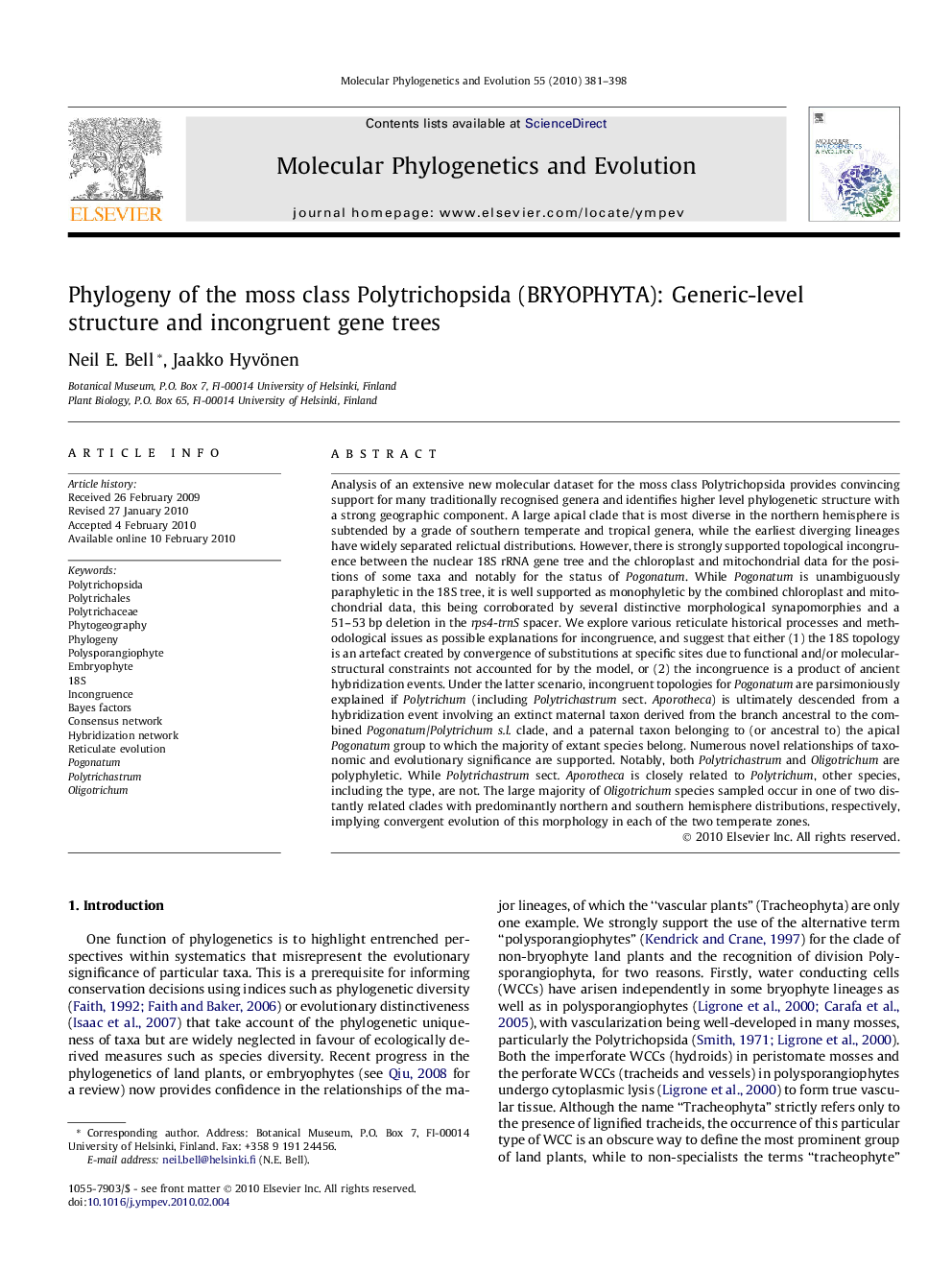 Phylogeny of the moss class Polytrichopsida (BRYOPHYTA): Generic-level structure and incongruent gene trees