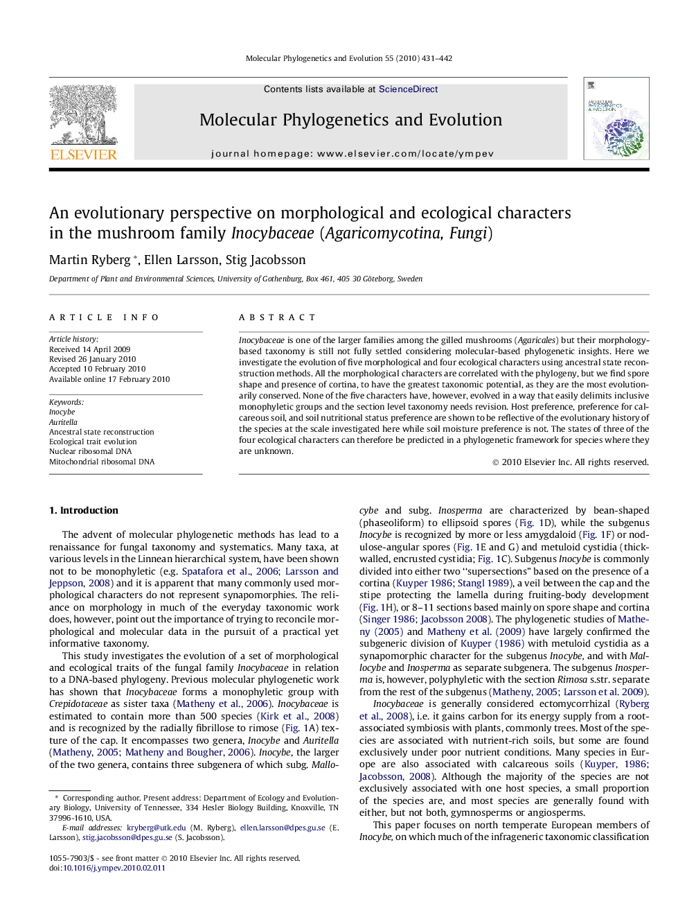 An evolutionary perspective on morphological and ecological characters in the mushroom family Inocybaceae (Agaricomycotina, Fungi)