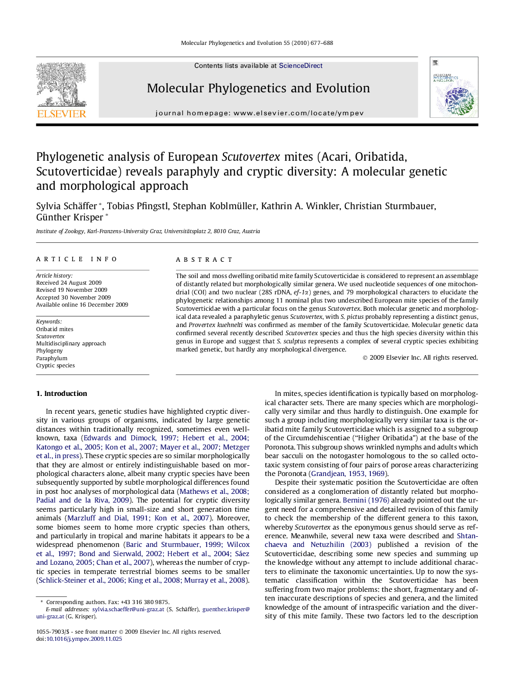 Phylogenetic analysis of European Scutovertex mites (Acari, Oribatida, Scutoverticidae) reveals paraphyly and cryptic diversity: A molecular genetic and morphological approach