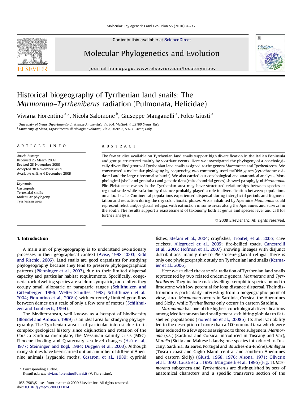 Historical biogeography of Tyrrhenian land snails: The Marmorana–Tyrrheniberus radiation (Pulmonata, Helicidae)