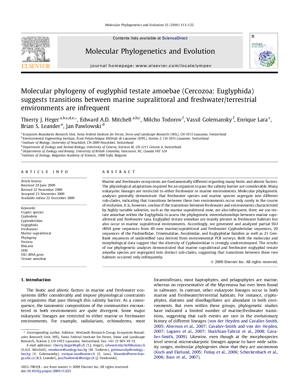 Molecular phylogeny of euglyphid testate amoebae (Cercozoa: Euglyphida) suggests transitions between marine supralittoral and freshwater/terrestrial environments are infrequent