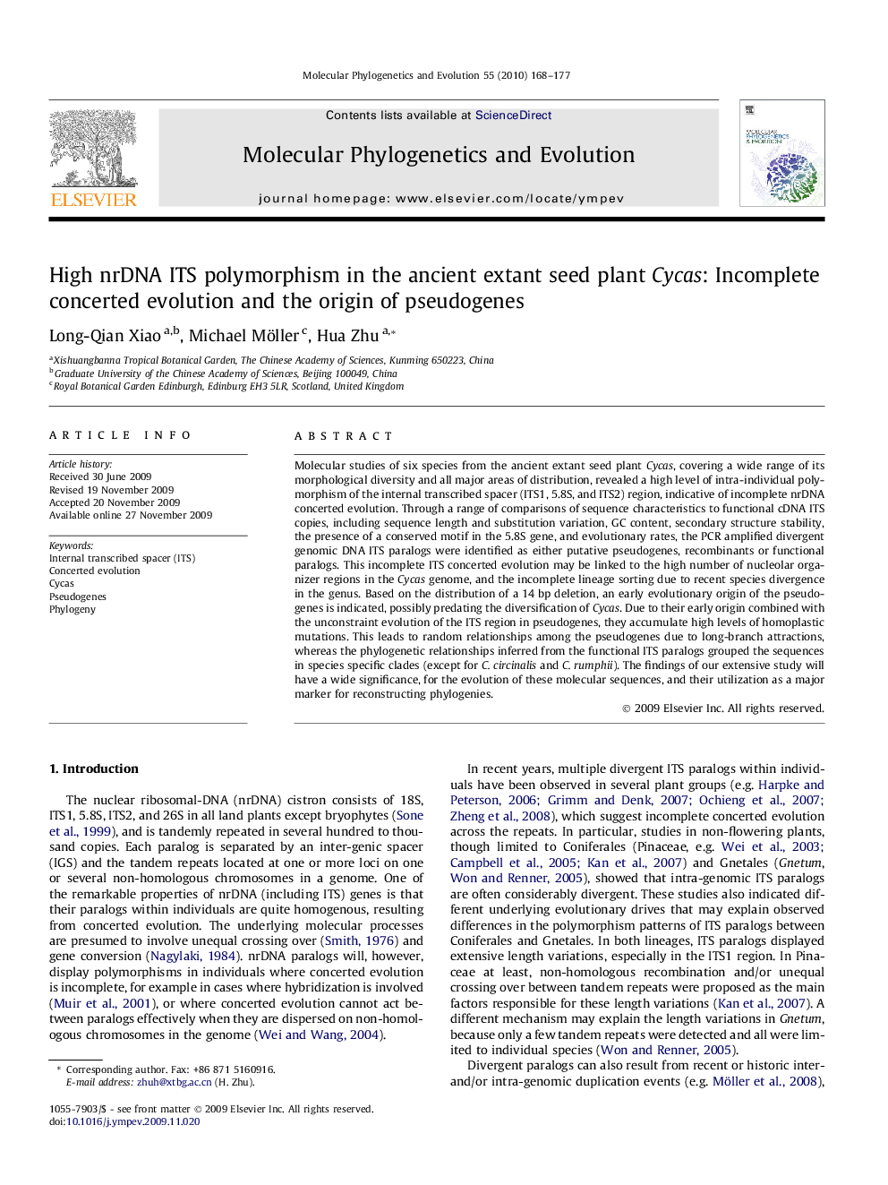 High nrDNA ITS polymorphism in the ancient extant seed plant Cycas: Incomplete concerted evolution and the origin of pseudogenes