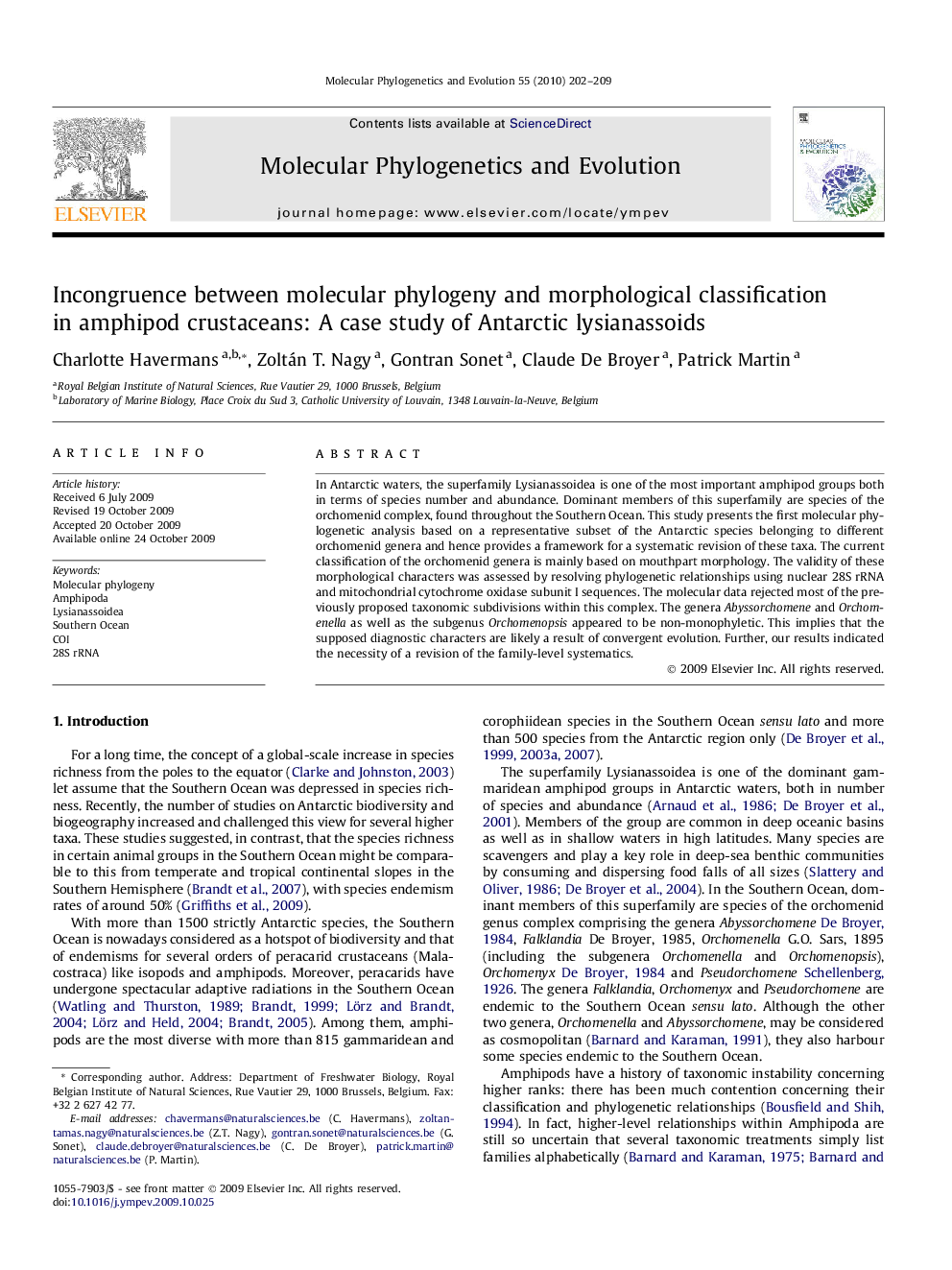 Incongruence between molecular phylogeny and morphological classification in amphipod crustaceans: A case study of Antarctic lysianassoids