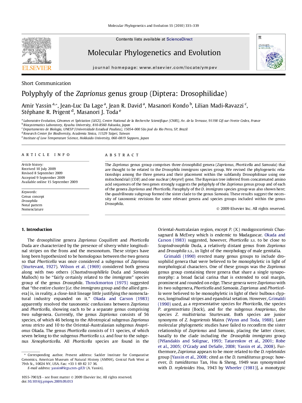 Polyphyly of the Zaprionus genus group (Diptera: Drosophilidae)