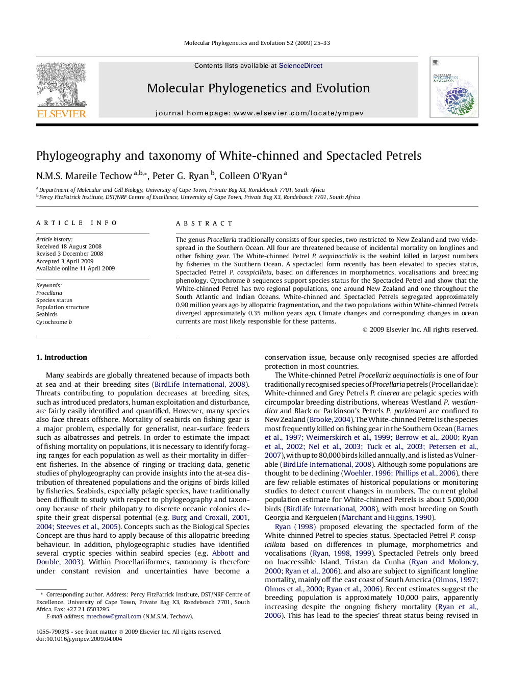 Phylogeography and taxonomy of White-chinned and Spectacled Petrels