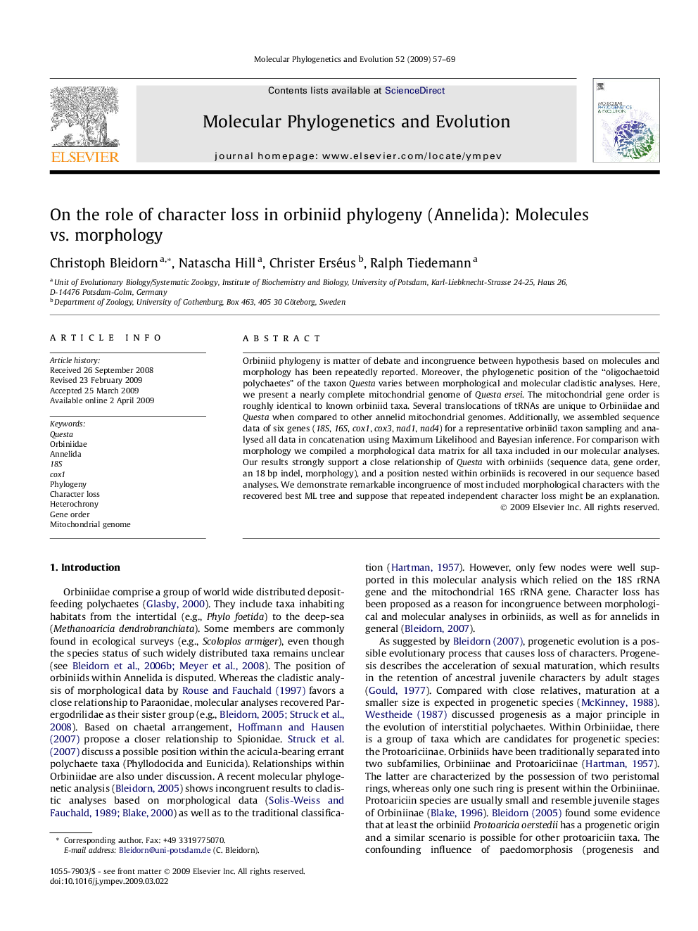 On the role of character loss in orbiniid phylogeny (Annelida): Molecules vs. morphology