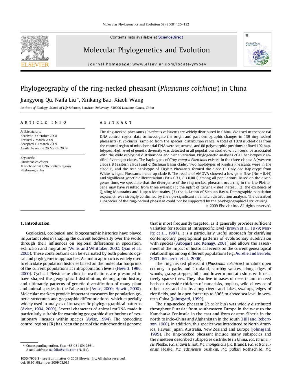 Phylogeography of the ring-necked pheasant (Phasianus colchicus) in China