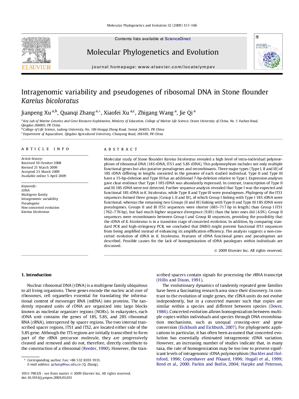 Intragenomic variability and pseudogenes of ribosomal DNA in Stone flounder Kareius bicoloratus