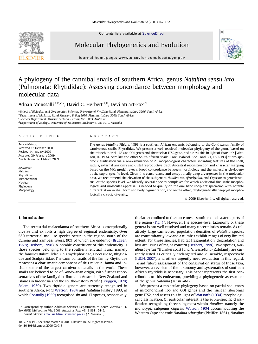 A phylogeny of the cannibal snails of southern Africa, genus Natalina sensu lato (Pulmonata: Rhytididae): Assessing concordance between morphology and molecular data