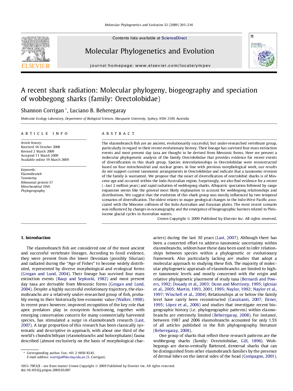 A recent shark radiation: Molecular phylogeny, biogeography and speciation of wobbegong sharks (family: Orectolobidae)